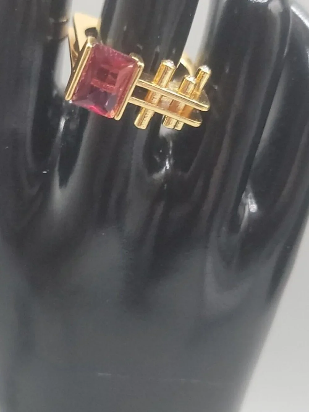 VTG Gold Vermeil Geometric Statement Ring Emerald Cut Pink Red Crystal 925 8.6